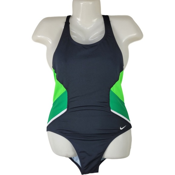 Nike Swim Woman’s Poly Team Splice Cut-Out Tank Swimsuit black green size 10 - Picture 12 of 13